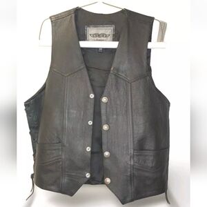 Unik Premuin Buffalo Head Snap Leather Biker Vest Jacket Men Sz 46 Lace Up Sides